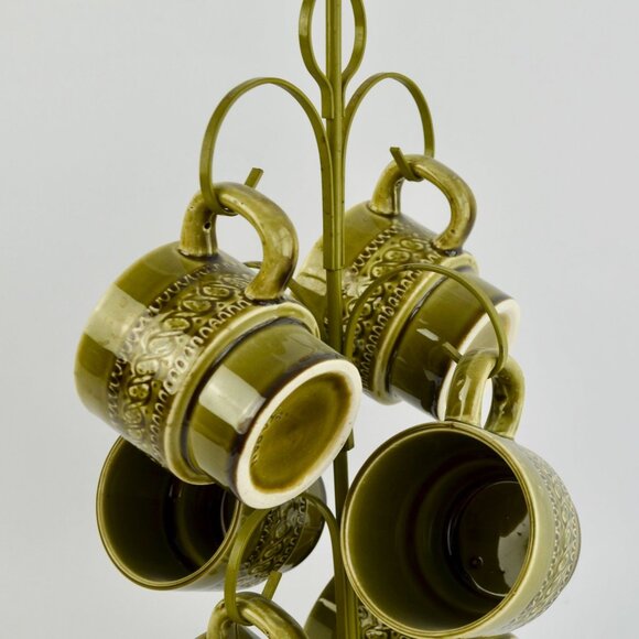 Vintage Avocado Green Japan Coffee Mugs Set of 6 With Storage Tree - Picture 10 of 10
